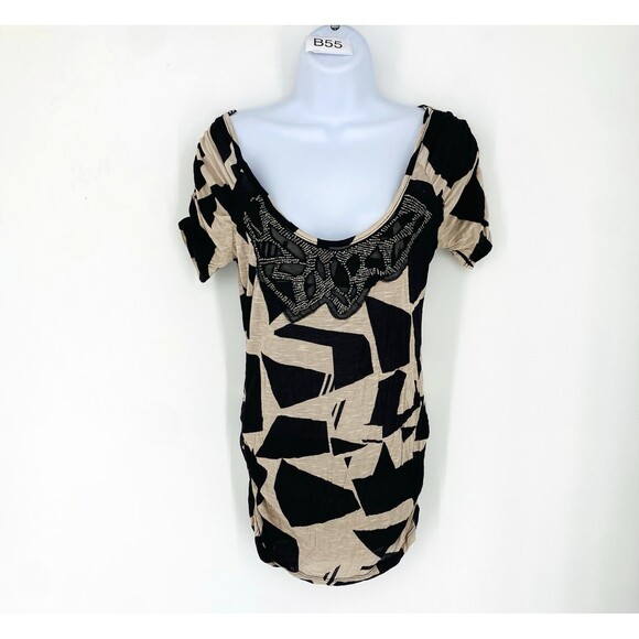 Daytrip Tops - Y2K VTG Daytrip Buckle M Beaded Neck Club Top Ivory Black Abstract Mall Goth